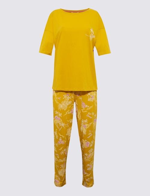 Sarı Palmiye Desenli Pijama Seti