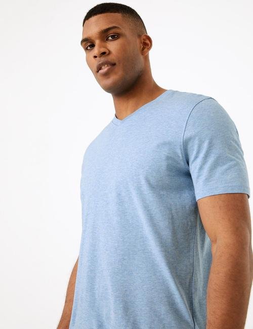 Mavi Saf Pamuklu V Yaka T-Shirt