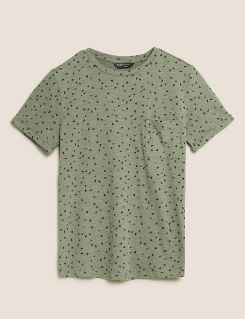 Yeşil Saf Pamuklu Grafik Desenli T-Shirt