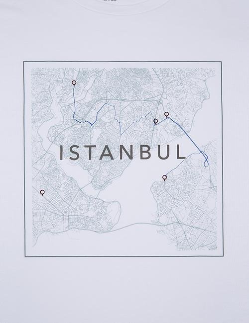 Beyaz Saf Pamuk Istanbul Harita Desenli T-Shirt