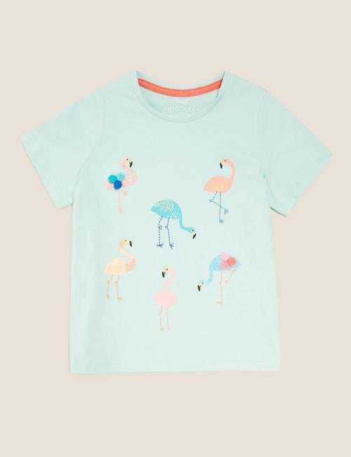 Turkuaz Saf Pamuklu Flamingo Desenli T-Shirt (2-7 Yaş)
