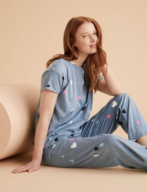 Mavi Kalp Desenli Pijama Takımı