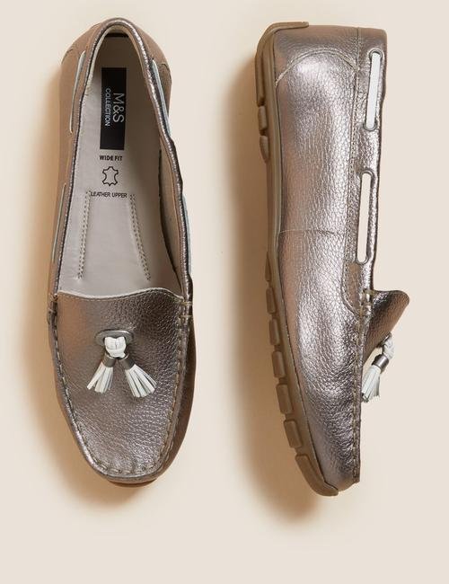 Metalik Geniş Kalıplı Deri Loafer Ayakkabı
