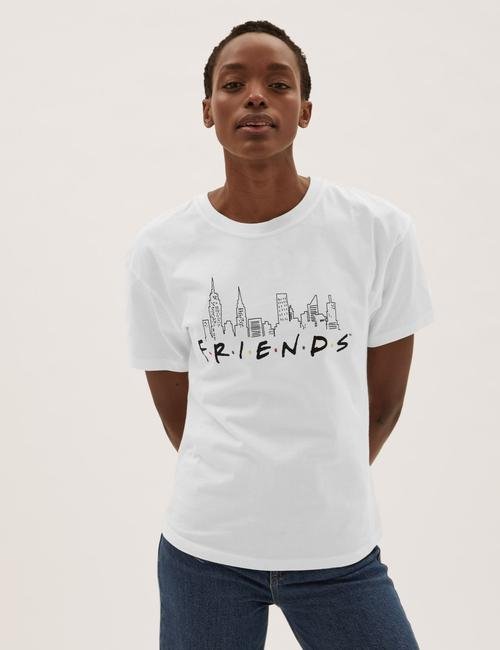 Beyaz Saf Pamuk Friends™ Sloganlı T-Shirt
