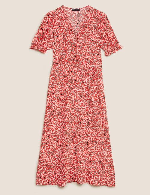 Kırmızı Çiçek Desenli Midi Elbise