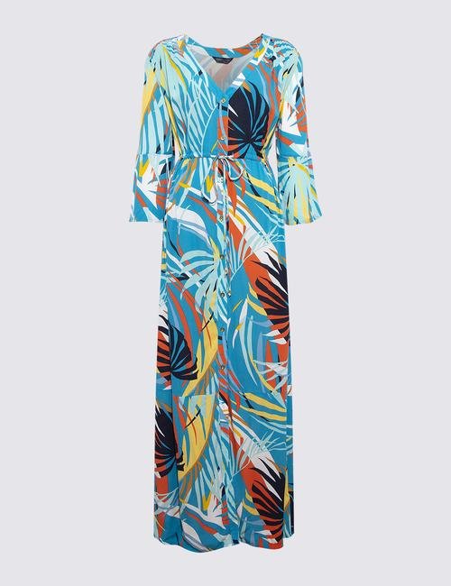 Mavi Palmiye Desenli Plaj Elbisesi
