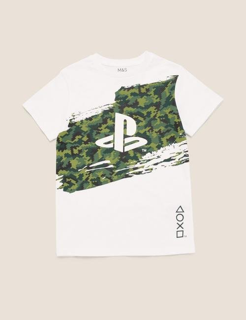 Beyaz Pamuklu  PlayStation™  Kamuflaj Desenli T-Shirt
