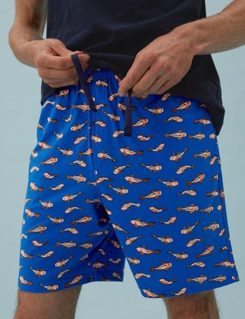 Mavi Saf Pamuk Japon Balığı Desenli Pijama Takımı