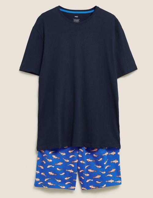 Mavi Saf Pamuk Japon Balığı Desenli Pijama Takımı