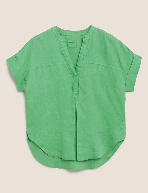 Yeşil Keten V Yaka Bluz