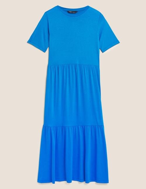 Mavi Kısa Kollu Midi Elbise