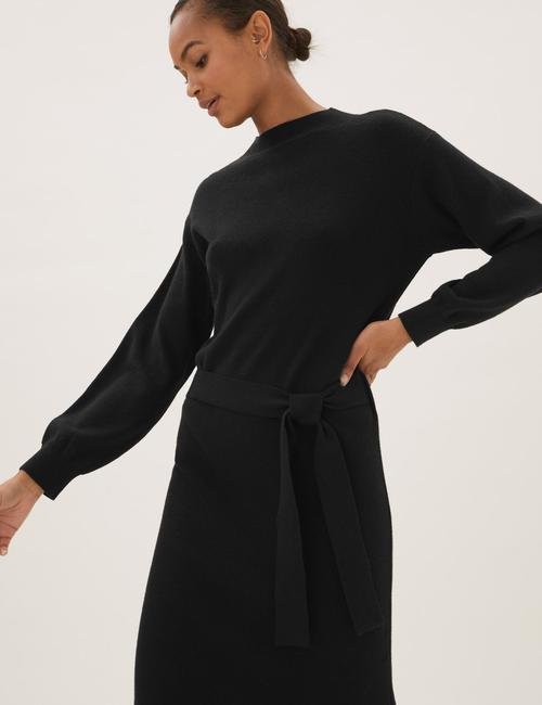 Siyah Kemerli Örme Midi Elbise
