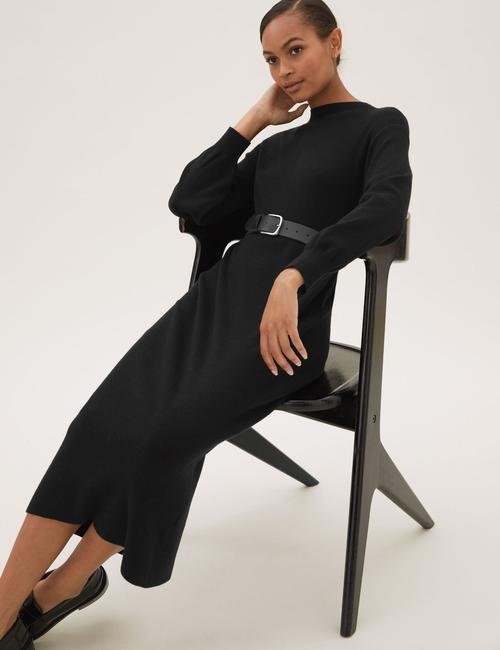 Siyah Kemerli Örme Midi Elbise