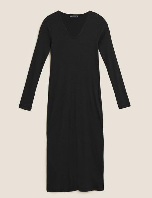 Siyah V Yaka Yırtmaç Detaylı Midi Elbise