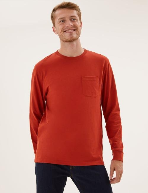 Turuncu Saf Pamuklu Uzun Kollu T-Shirt
