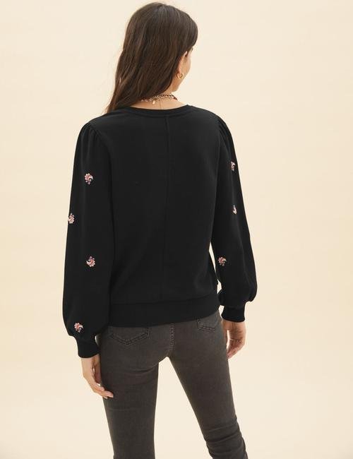 Siyah Saf Pamuklu İşleme Detaylı Sweatshirt