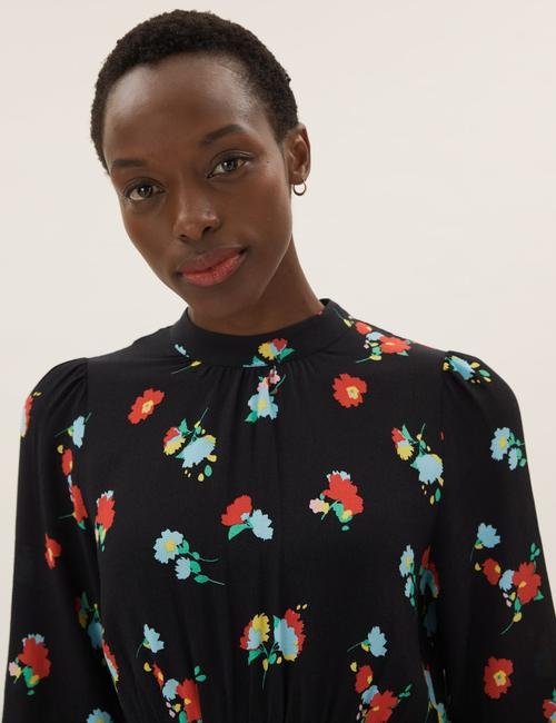 Multi Renk Çiçek Desenli Dik Yaka Midi Elbise