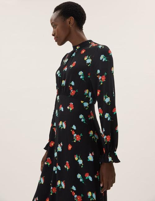 Multi Renk Çiçek Desenli Dik Yaka Midi Elbise