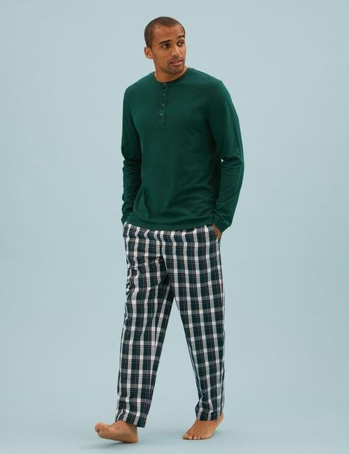 Yeşil Saf Pamuklu Kareli Pijama Takımı