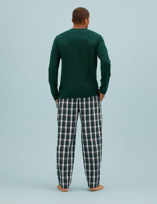 Yeşil Saf Pamuklu Kareli Pijama Takımı