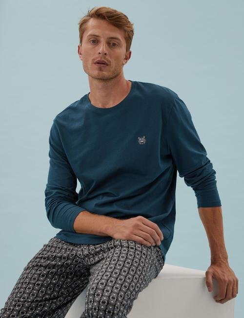 Mavi Saf Pamuklu Baskılı Pijama Takımı