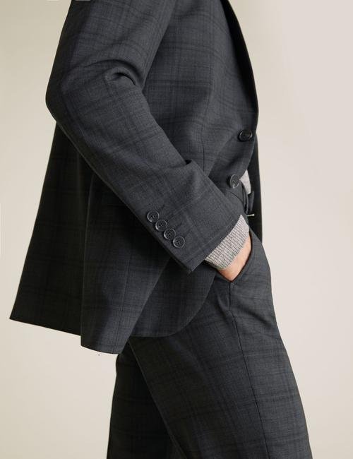 Gri Yünlü Kareli Tailored Fit Ceket