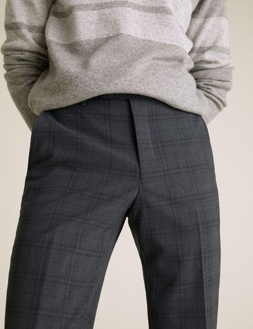 Gri Yünlü Kareli Tailored Fit Pantolon