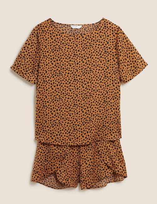 Kahverengi Desenli Saten Şort Pijama Takımı