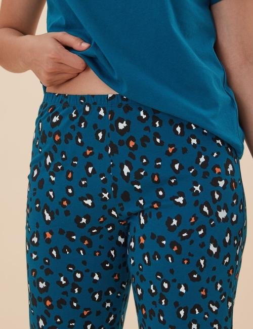 Mavi Saf Pamuklu Grafik Desenli Pijama Takımı
