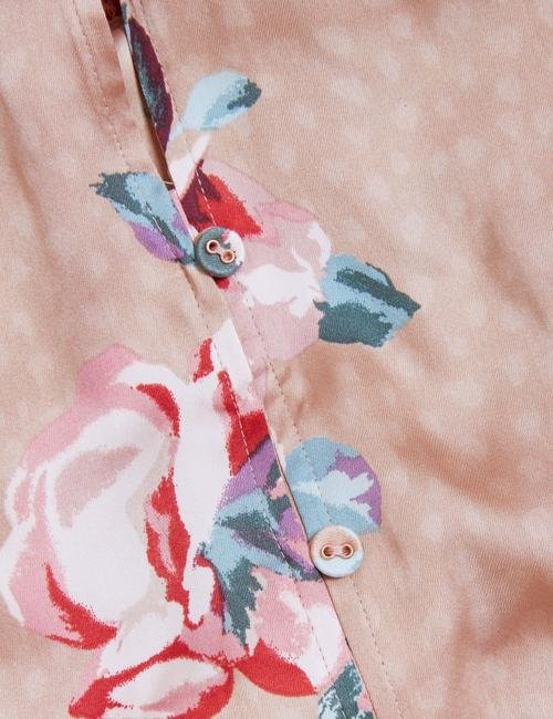 Pembe Çiçek Desenli Saten Pijama Takımı
