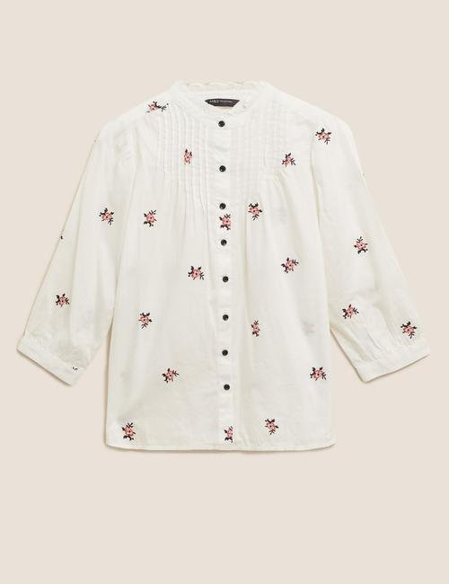Beyaz Saf Pamuklu Çiçek Desenli Bluz