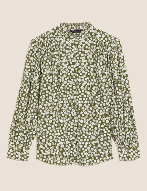 Yeşil Çiçek Desenli Uzun Kollu Bluz