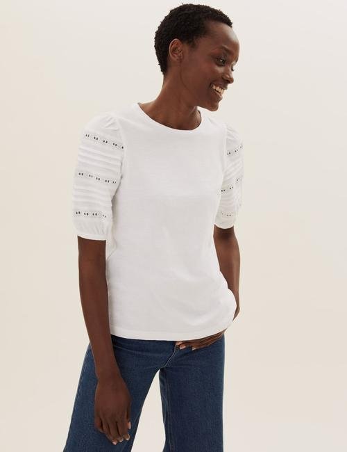 Beyaz Saf Pamuklu Dantel Detaylı T-Shirt