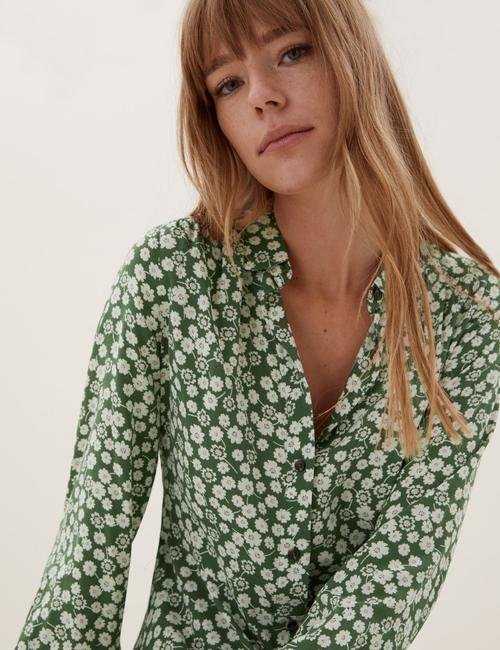 Yeşil Çiçek Desenli Midi Gömlek Elbise
