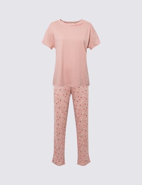 Pembe Slogan Detaylı Pijama Takımı