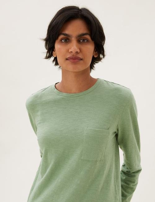 Yeşil Saf Pamuklu Cep Detaylı T-Shirt