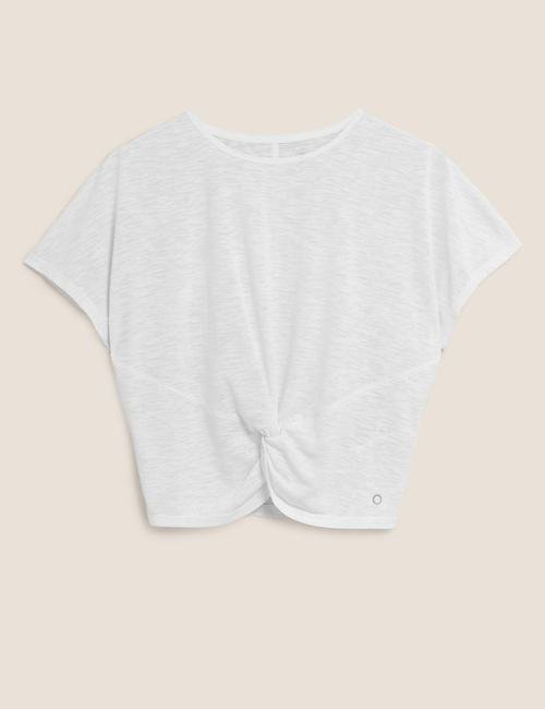 Beyaz Büzgü Detaylı Crop T-Shirt