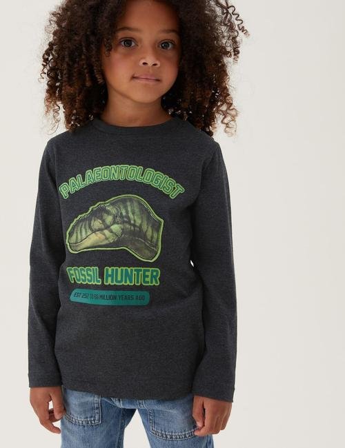 Gri NHM™ Dinozor Desenli T-Shirt (2-12 Yaş)