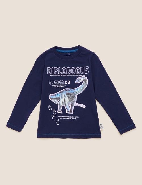 Lacivert Saf Pamuklu NHM™ Dinozor Desenli T-Shirt (2-12 Yaş)