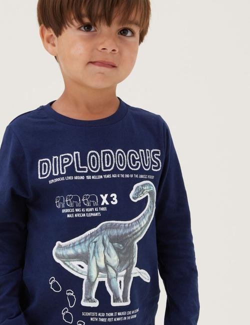 Lacivert Saf Pamuklu NHM™ Dinozor Desenli T-Shirt (2-12 Yaş)