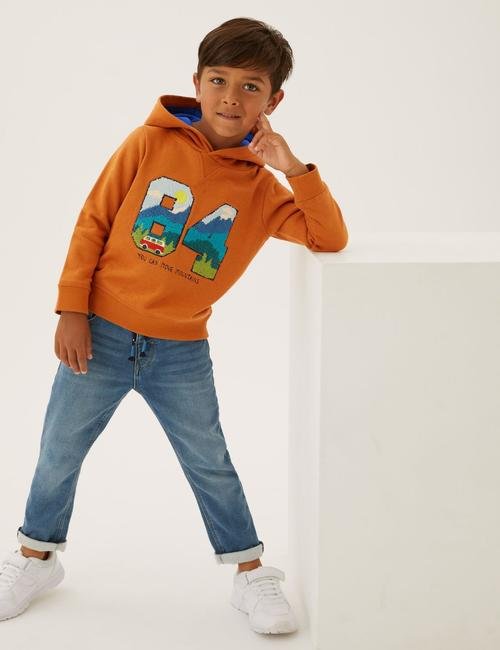 Kahverengi Dokulu Grafik Desenli Kapüşonlu Sweatshirt (2-7 yaş)