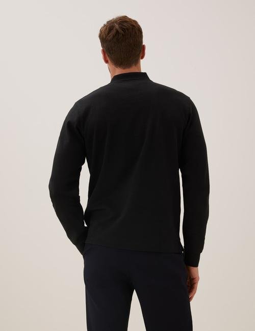Siyah Saf Pamuklu Uzun Kollu Polo Yaka T-Shirt