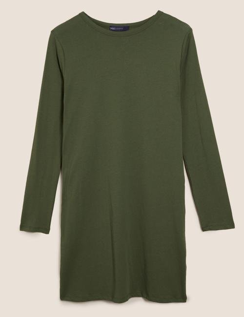 Yeşil Saf Pamuklu Uzun Kollu Mini T-Shirt Elbise