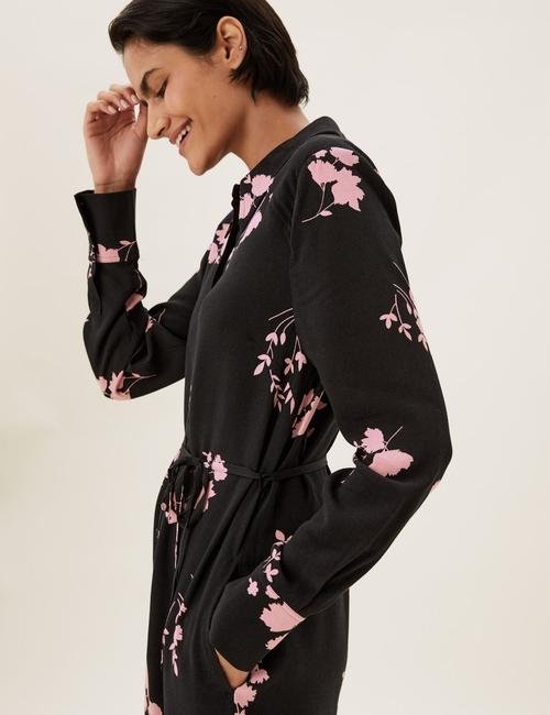 Siyah Çiçek Desenli Midi Gömlek Elbise