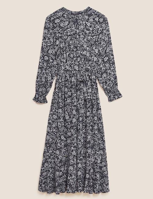 Lacivert Çiçek Desenli Midi Elbise