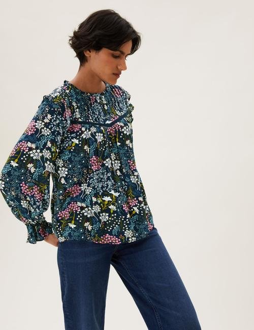 Multi Renk Çiçek Desenli Uzun Kollu Bluz