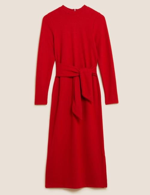 Kırmızı Kuşak Detaylı Midi Elbise