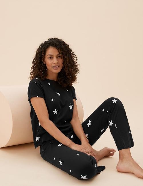 Siyah Saf Pamuklu Yıldız Desenli Pijama Takımı