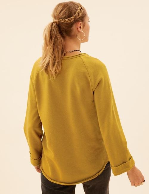 Sarı Saf Pamuklu V Yaka Sweatshirt
