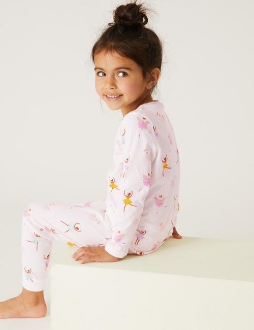 Krem Saf Pamuklu Balerin Desenli Pijama Takımı (1-7 Yaş)